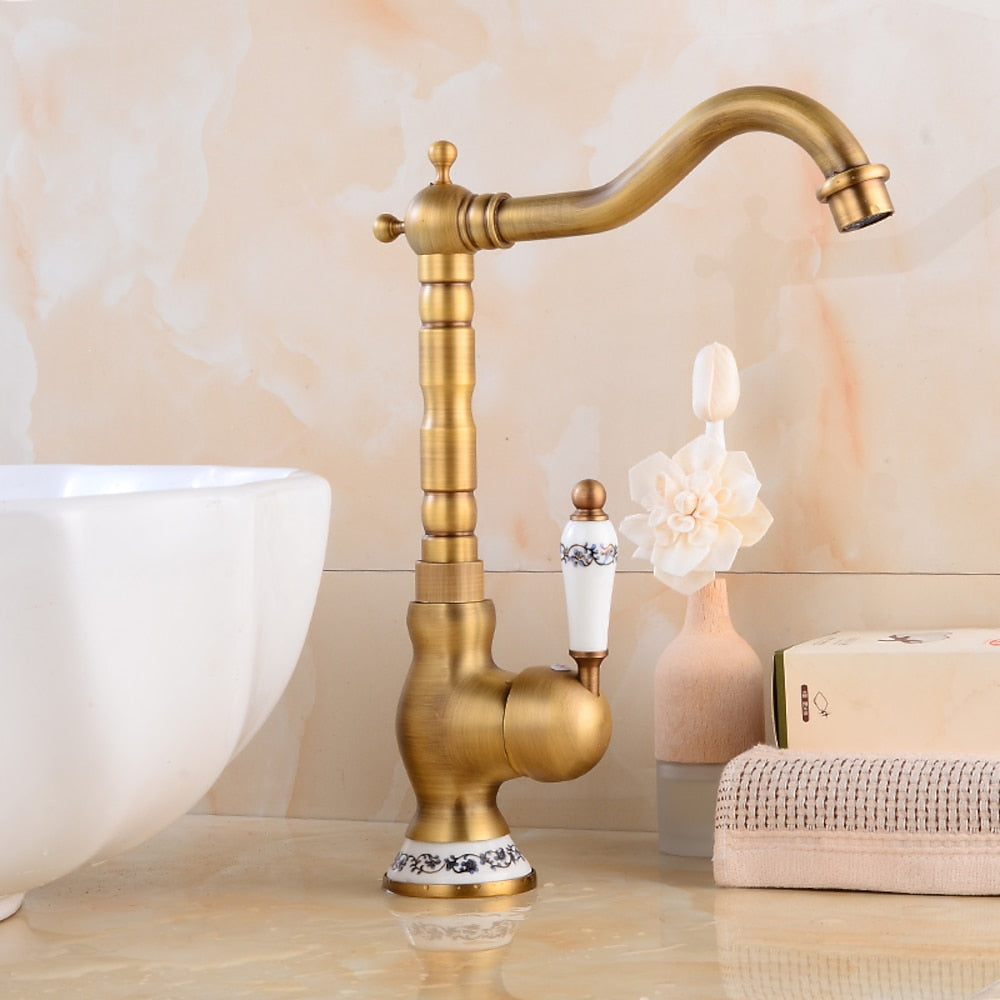 Vintage Ceramic Single-Handle Vessel Faucet, High Arc Swivel Bathroom Faucet, Antique Brass / Chrome / Polished Gold