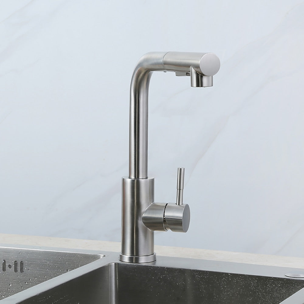 Brushed Nickel Stainless Steel Pull-Down Kitchen Faucet, Single-Hole Single-Handle Faucet, Modern Swivel Spout Faucet