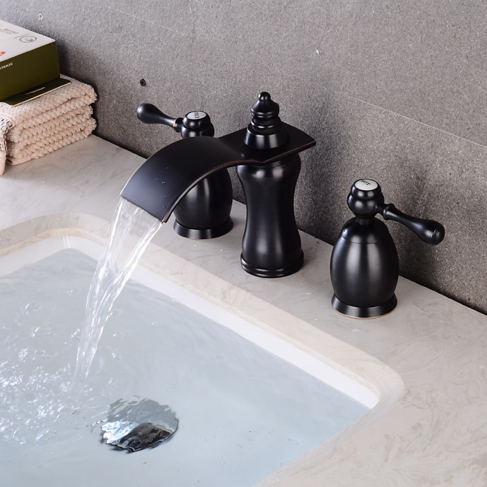 Waterfall 3-Hole Widespread Bathroom Faucet, Traditional Dual-Handle Sink Faucet, Matte Black / Rose Gold / Brushed Gold / Brushed Nickel / Chrome