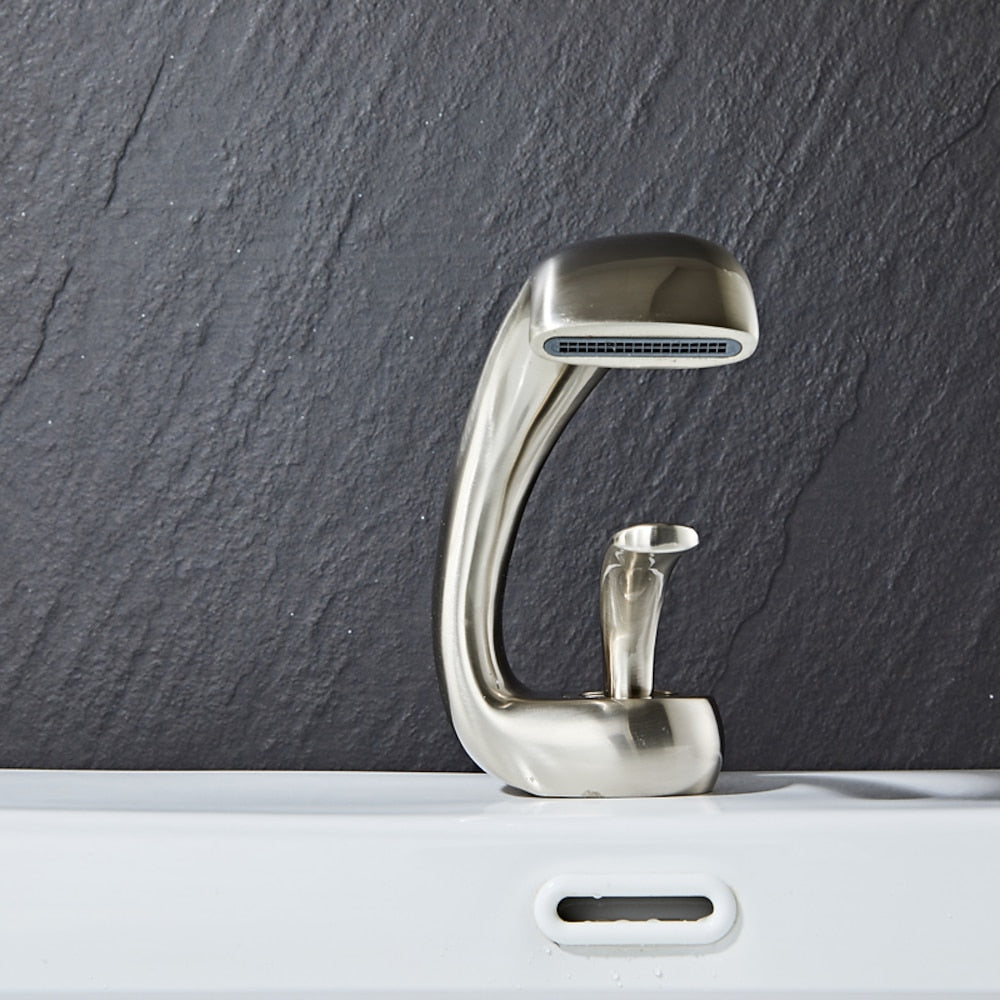 Modern Waterfall Single-Hole Bathroom Faucet, Single-Handle Brass Body Faucet, Matte Black / Brushed Nickel / Chrome / Matte White