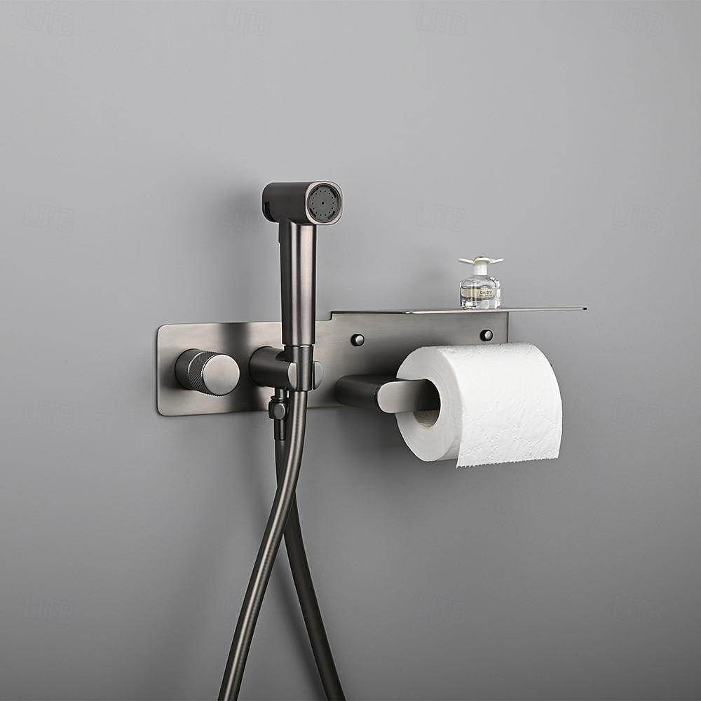 Self-Cleaning Wall-Mounted Bidet Sprayer Faucet, Single-Handle Concealed Valve Spray Set with Toilet Paper Holder / Storage Shelf, Matte Black / Brushed Gold / Chrome / Gunmetal