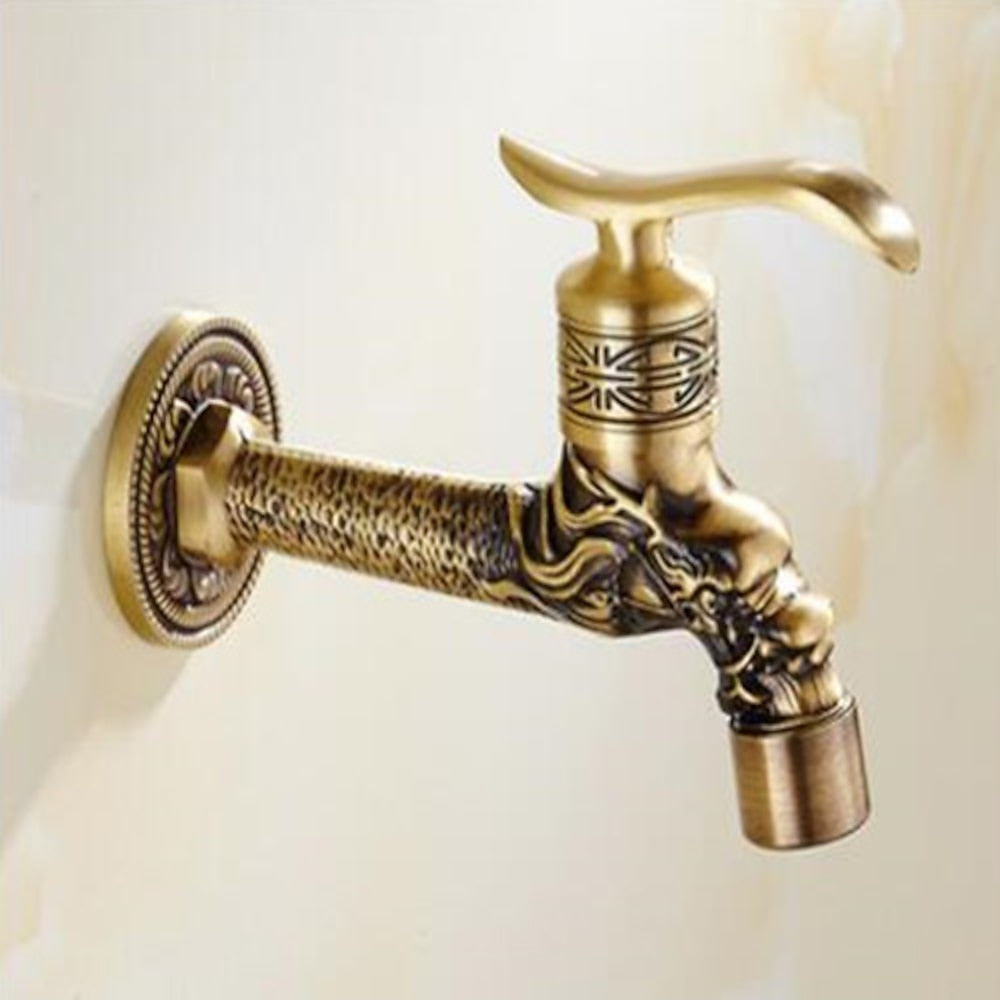 Antique Brass Wall-Mount Garden Faucet, Single-Handle Decorative Spigot Faucet