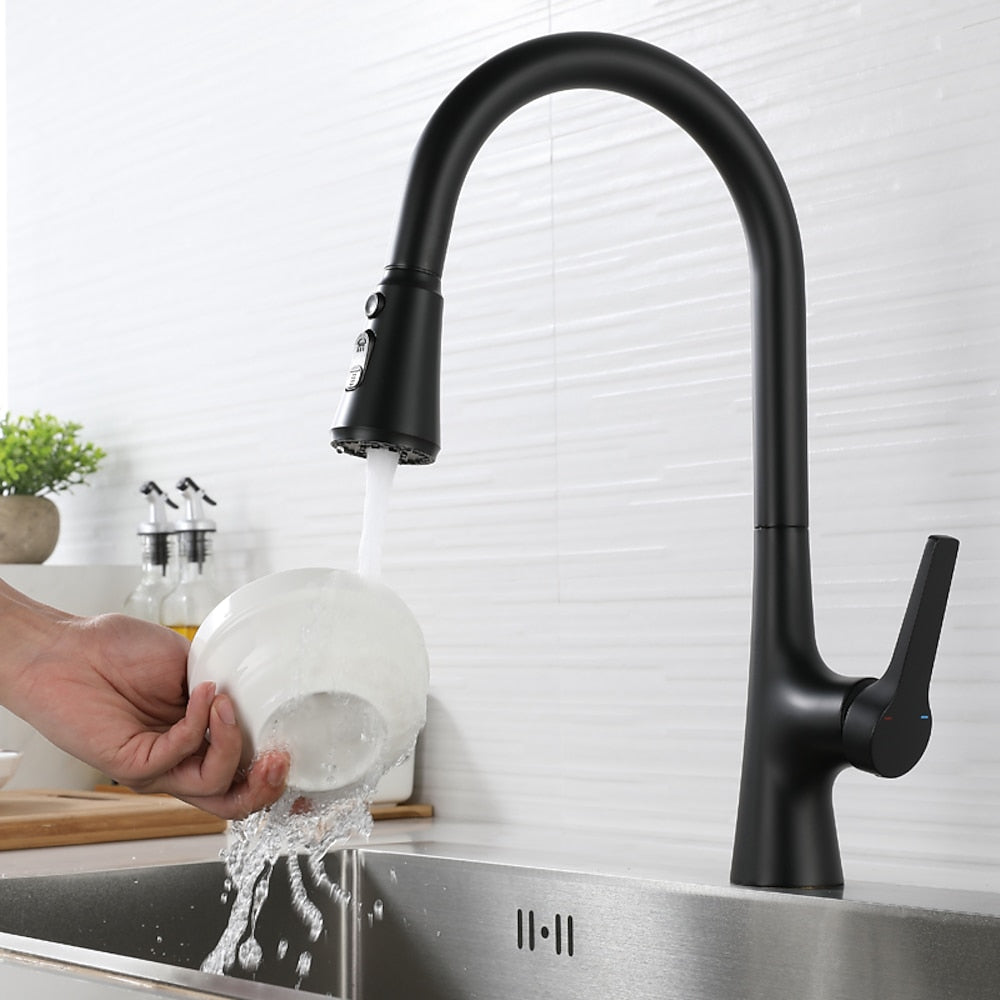 Modern Pull-Down Kitchen Faucet, Single-Handle High Arc Brass Faucet, Matte Black / Chrome / Brushed Nickel / Matte White / Gunmetal