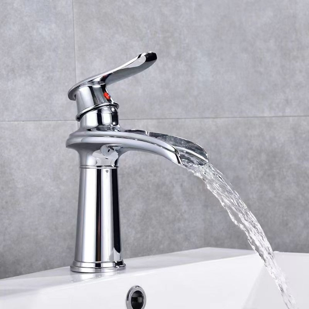 Waterfall Single-Hole Bathroom Faucet, Single-Handle Brass Faucet, Chrome / Matte Black / Brushed Nickel / Antique Brass / PVD