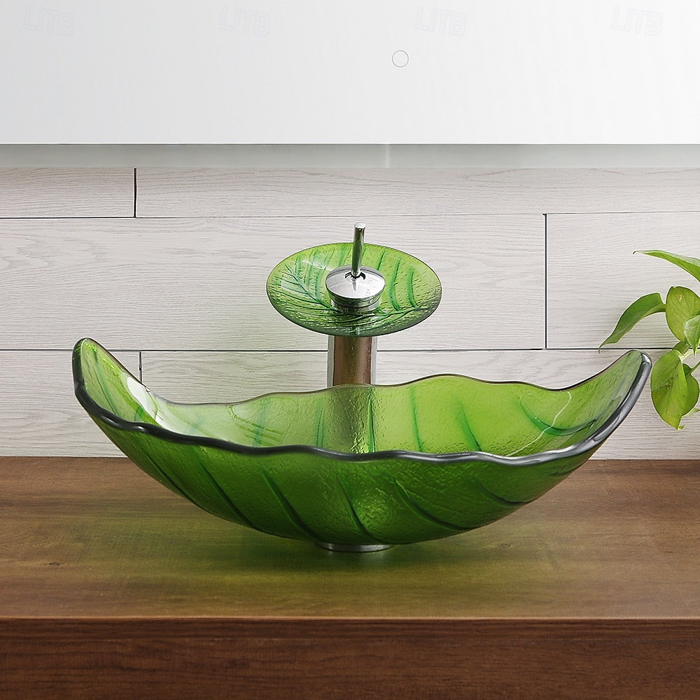 Modern Leaf-Shaped Glass Vessel Sink, Single-Handle Waterfall Spout Faucet Combo with Pop-Up Drain, Multi- / Bronze / Black / Gold