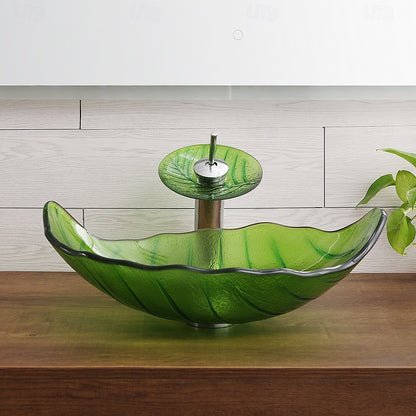 Modern Leaf-Shaped Glass Vessel Sink, Single-Handle Waterfall Spout Faucet Combo with Pop-Up Drain, Multi- / Bronze / Black / Gold