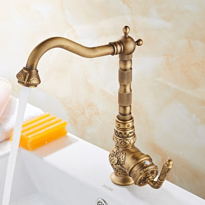 Antique Brass Traditional Single-Handle Kitchen Faucet, High Arc Swivel Spout Sink Faucet with Water Inlet Hoses