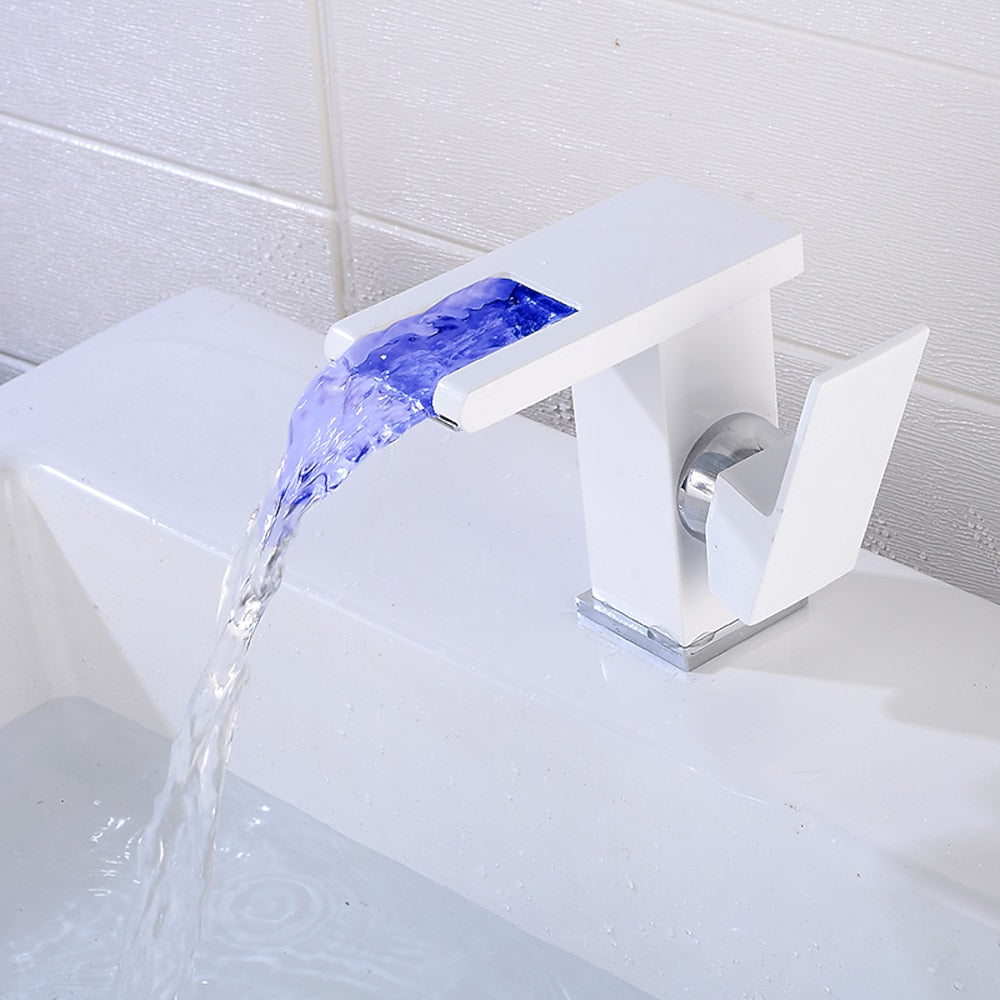 LED Waterfall Bathroom Faucet, Modern Single-Handle Brass Faucet, Matte Black / Matte White / Chrome