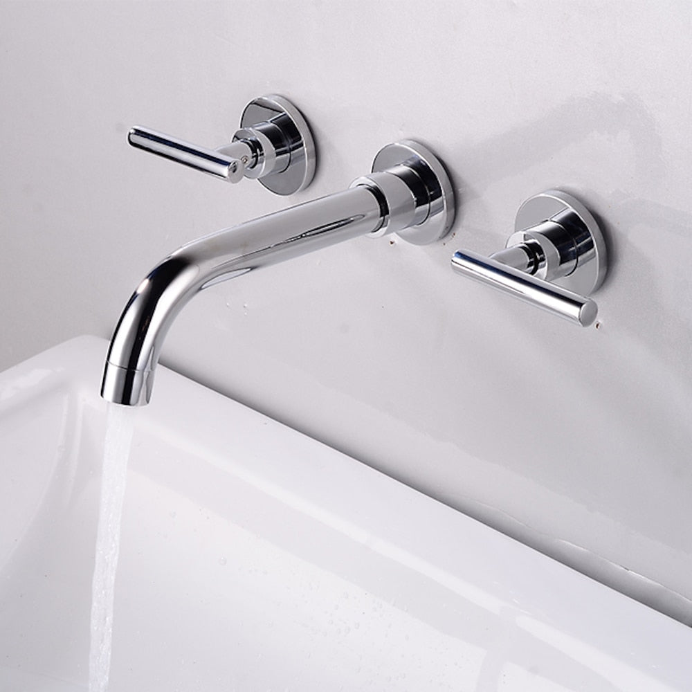 Modern Minimalist Wall-Mount Dual-Handle Bathroom Faucet, Long Spout Brass Sink Faucet, Matte Black / Chrome