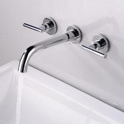 Wall-Mount Bathroom Sink Faucet, Double-Handle Brass Basin Faucet with Rough-in Valve, Matte Black / Chrome