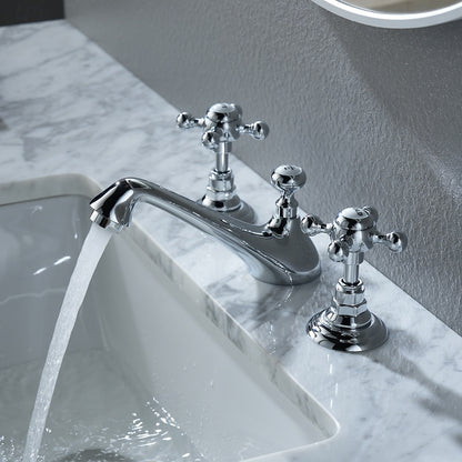 Vintage 3-Hole Widespread Bathroom Faucet, Double Cross Handle Faucet, Chrome / Polished Gold
