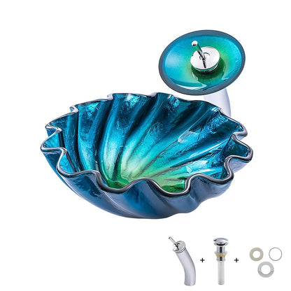 Waterfall Chrome Vessel Sink Faucet, Single-Handle Shell Tempered Glass Faucet Combo with Pop-Up Drain