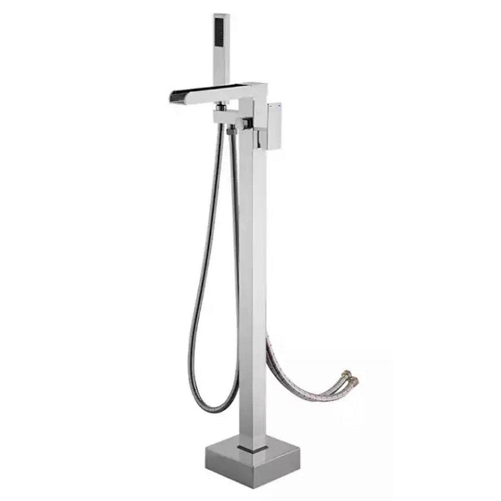 Modern Waterfall Freestanding Tub Filler, Single-Handle Tub Faucet with Handheld Shower