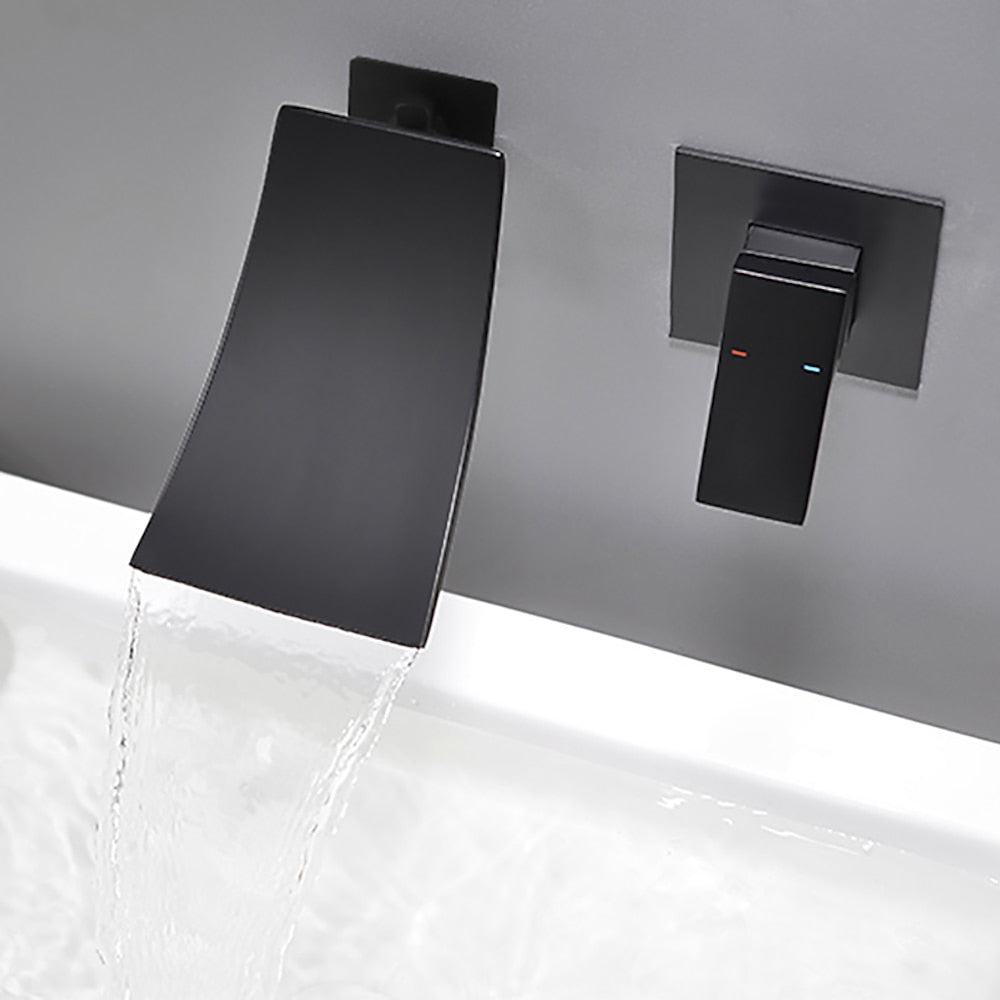 Matte Black Waterfall Wall-Mount Bathroom Faucet, Single-Handle Brass Basin Faucet with Rough-In Valve