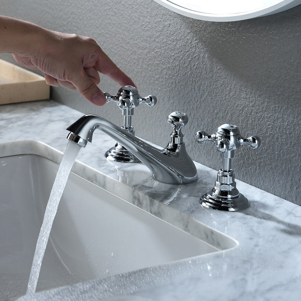 Vintage 3-Hole Widespread Bathroom Faucet, Double Cross Handle Faucet, Chrome / Polished Gold