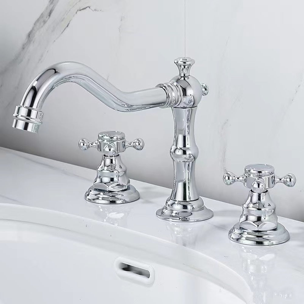 Traditional Brass Widespread Bathroom Faucet, Dual Cross Handle Vanity Faucet, Antique Brass / Brushed Nickel / Chrome / Oil-Rubbed Bronze / Matte Black