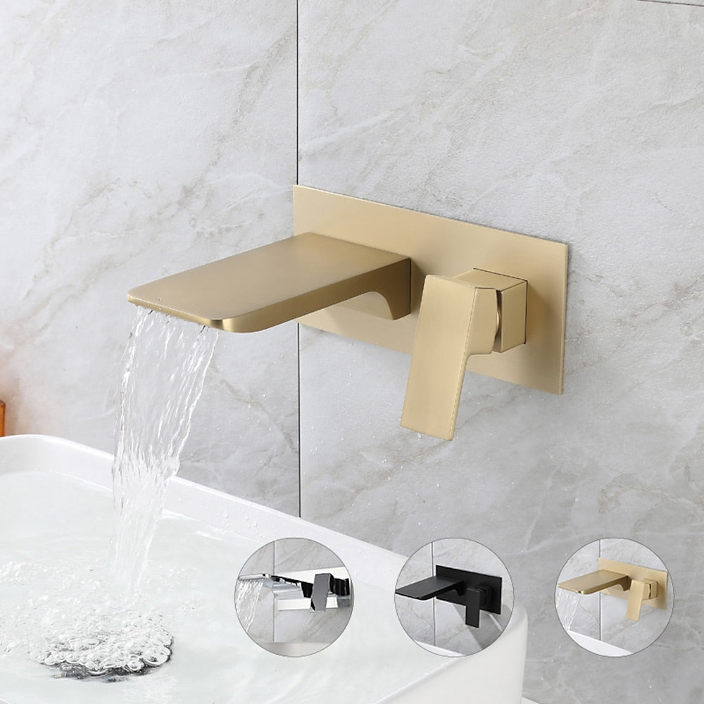 Waterfall Wall-Mount Bathroom Faucet, Single-Handle Brass Faucet, Brushed Gold / Matte Black / Chrome