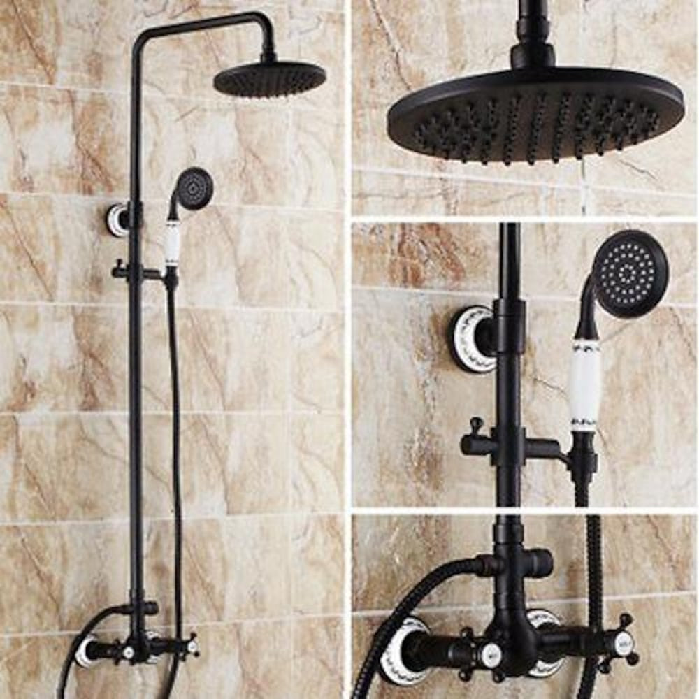 Oil-Rubbed Bronze Traditional Complete Shower System, Wall-Mounted Dual-Handle Brass Shower Faucet with Handheld Shower