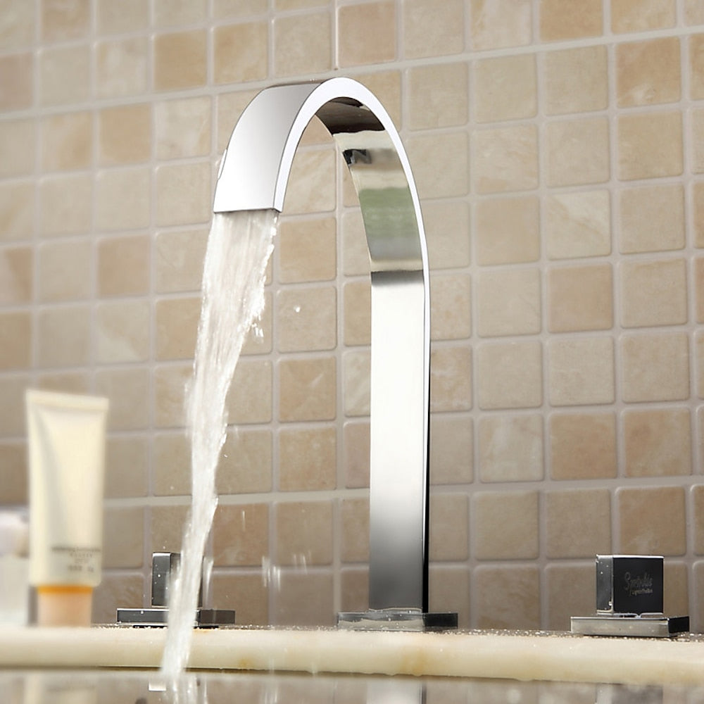 Chrome Waterfall Widespread Bathroom Faucet, Contemporary 3-Hole Double-Handle Faucet with High Arc Swivel Spout