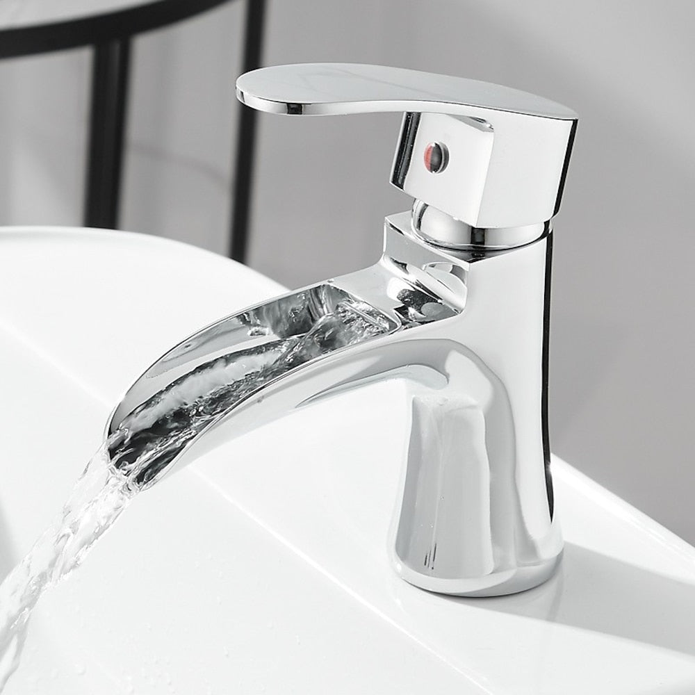 Modern Waterfall Vessel Sink Faucet, Single-Handle Brass Faucet, Matte Black / Chrome