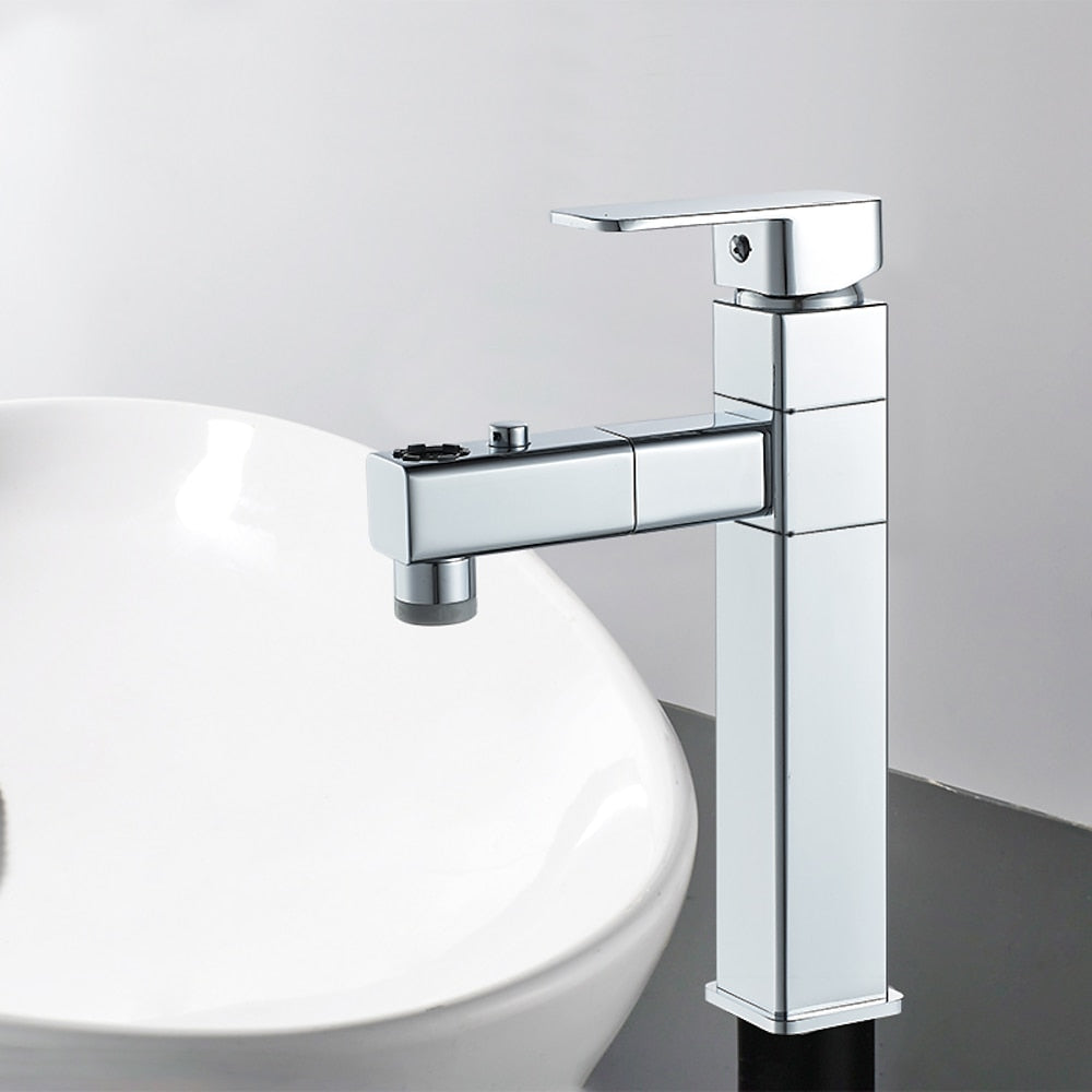 Modern Pull-Out Bathroom Faucet, Single-Hole Swivel Spout Faucet, Matte Black / Chrome / Brushed Nickel / Gunmetal / Matte White