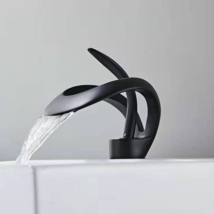 Waterfall Single-Hole Bathroom Faucet, Single-Handle Brass Vessel Sink Faucet, Matte Black / Chrome / Brushed Gold / Matte White / Gunmetal