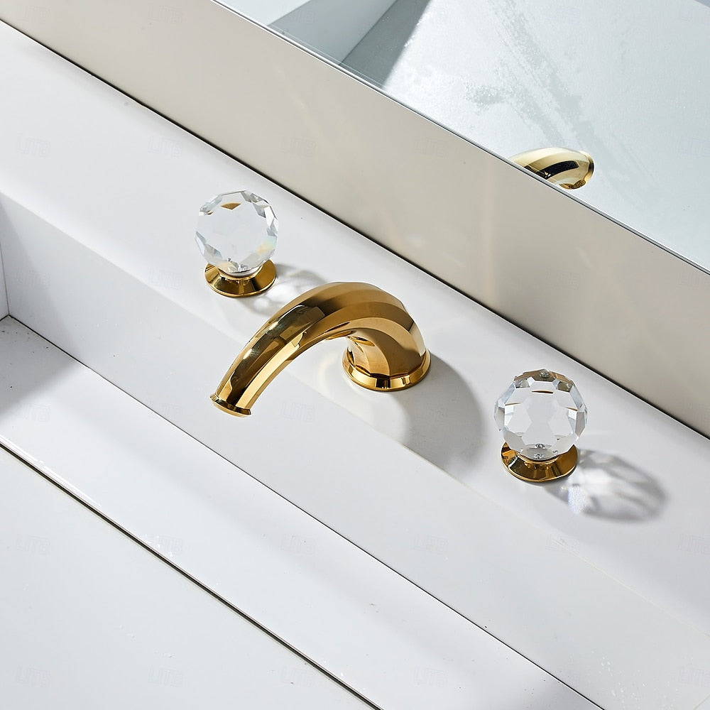 Polished Gold Modern Widespread Bathroom Faucet, Dual Crystal Knob Handles Faucet