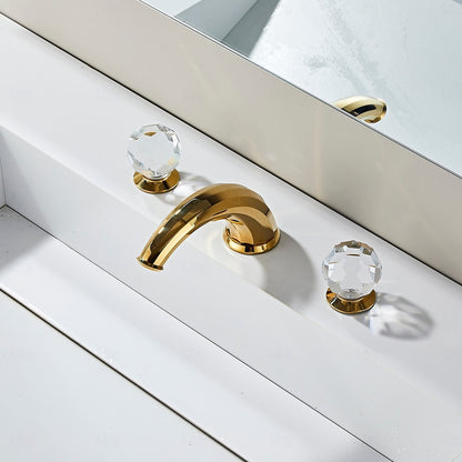 Polished Gold Modern Widespread Bathroom Faucet, Dual Crystal Knob Handles Faucet