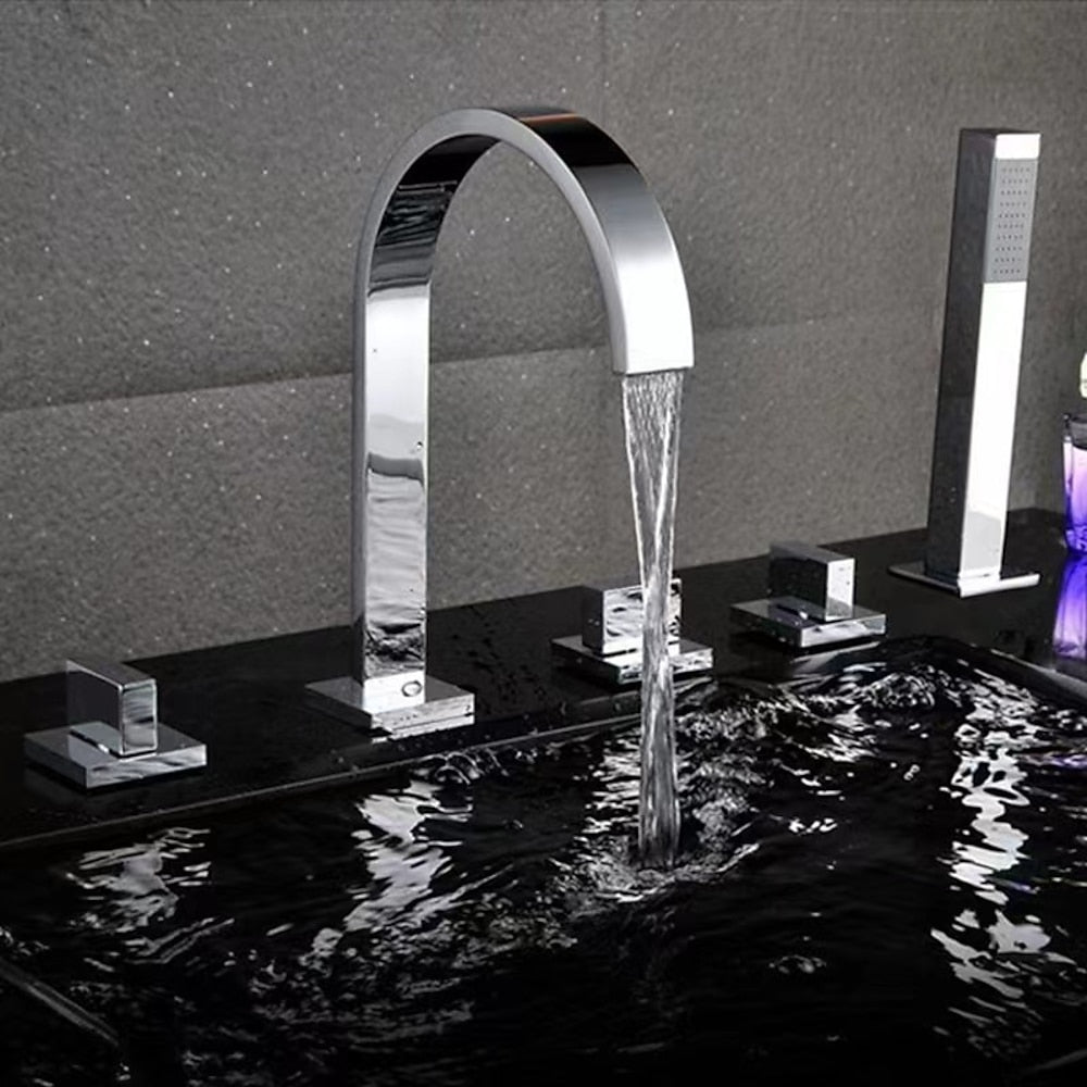 High Arc Roman Tub Faucet, 3-Handle Deck Mounted Bath Filler with Handheld Shower, Chrome / Matte Black