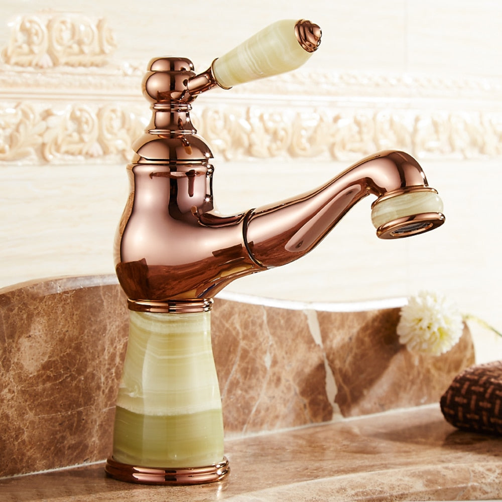 Pull-Out Vintage Single-Hole Bathroom Faucet, Single-Handle Brass Faucet, Rose Gold