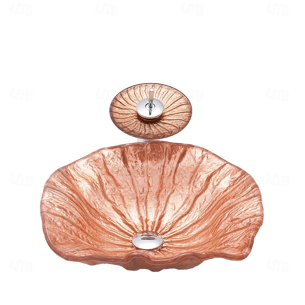 Rose Gold Waterfall Tempered Glass Vessel Sink, Single-Handle Chrome Faucet with Pop-Up Drain