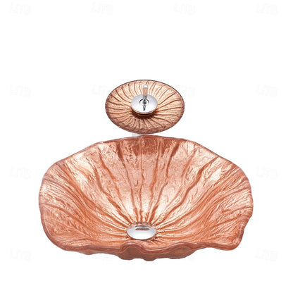 Rose Gold Waterfall Tempered Glass Vessel Sink, Single-Handle Chrome Faucet with Pop-Up Drain