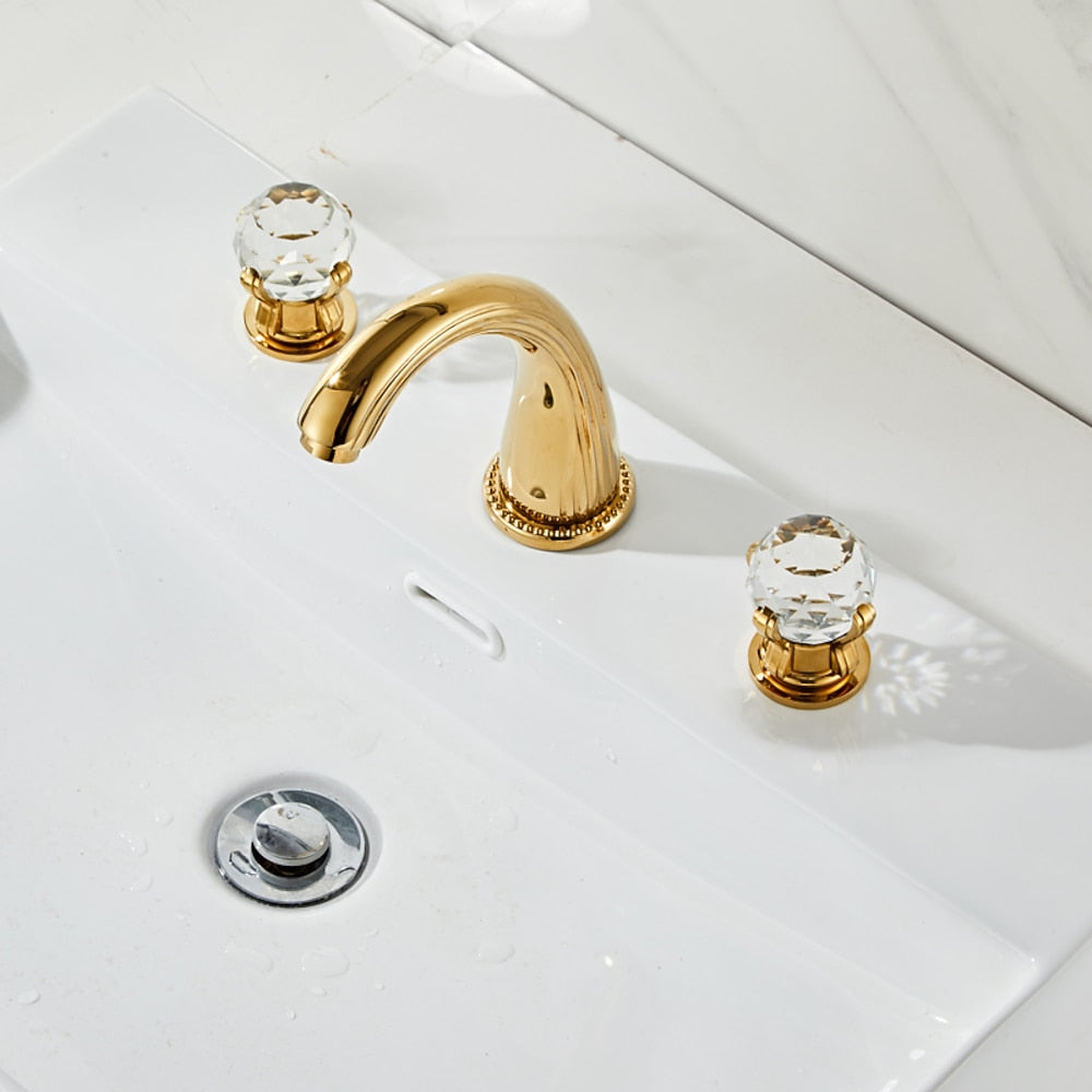 Modern Widespread Bathroom Faucet with Crystal Knob Handles, 3-Hole Double-Handle Brass Basin Mixer Tap, Antique Brass / Brushed Gold / Chrome / Matte Black / Rose Gold / Gunmetal / PVD