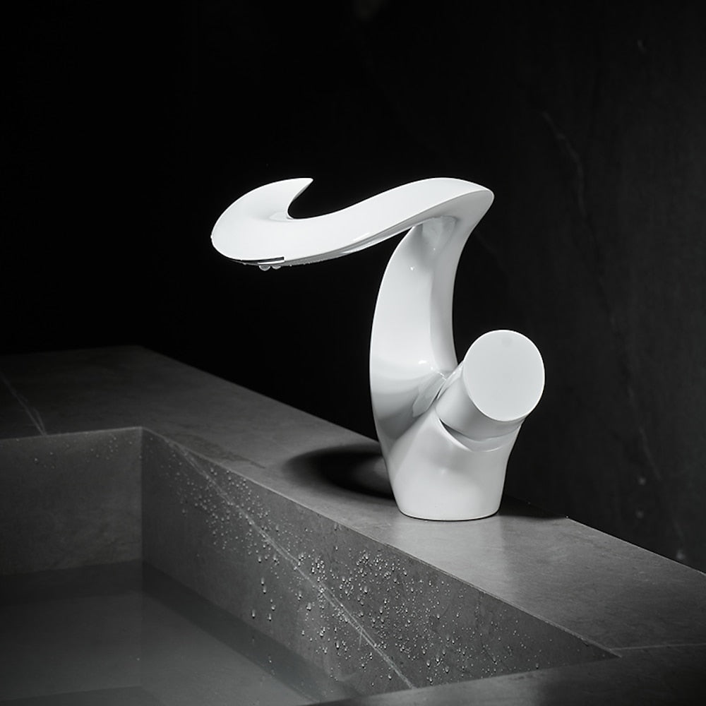 Waterfall Modern Single-Hole Bathroom Faucet, Single-Handle Brass Faucet, Matte White / Matte Black / Brushed Nickel / Antique Brass