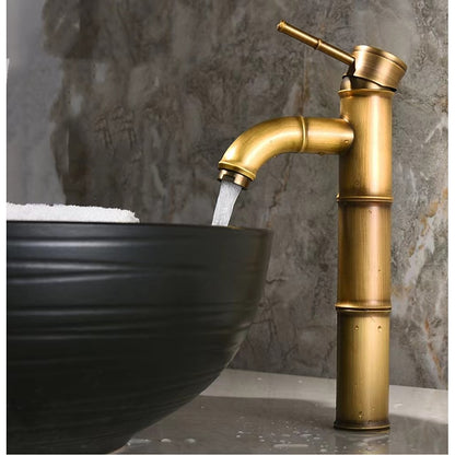 Antique Brass Vintage Single-Hole Faucet, Single-Handle Bamboo Vessel Sink Faucet