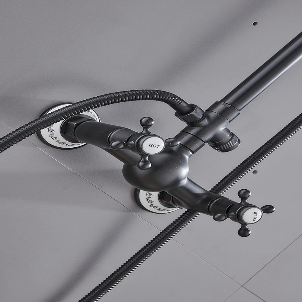 Oil-Rubbed Bronze Traditional Complete Shower System, Wall-Mounted Dual-Handle Brass Shower Faucet with Handheld Shower