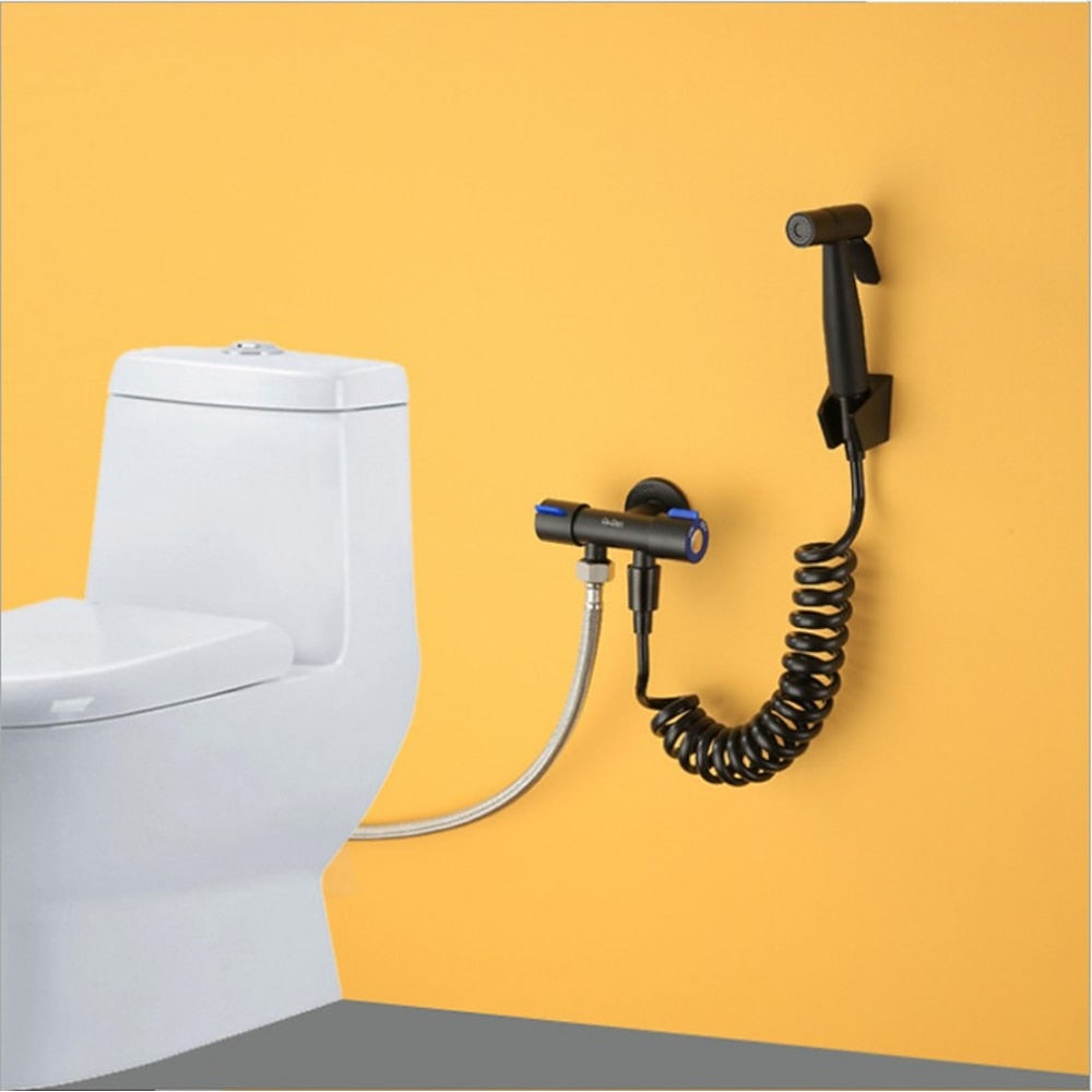 Wall-Mount Stainless Steel Handheld Toilet Bidet Sprayer Kit with Hose, Dual-Control T-Valve Sprayer, Matte Black / Stainless Steel