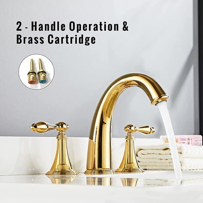Polished Gold Traditional Widespread Bathroom Faucet, Dual-Handle Brass Sink Faucet