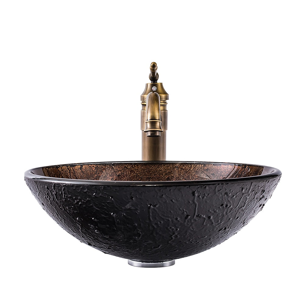Antique Brass Round Tempered Glass Bathroom Vessel Sink, Faucet Combo, Single-Handle Faucet with Pop-Up Drain