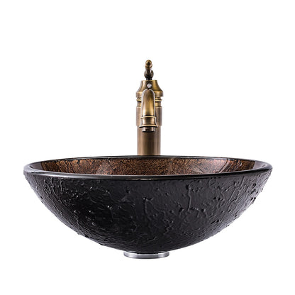 Antique Brass Round Tempered Glass Bathroom Vessel Sink, Faucet Combo, Single-Handle Faucet with Pop-Up Drain