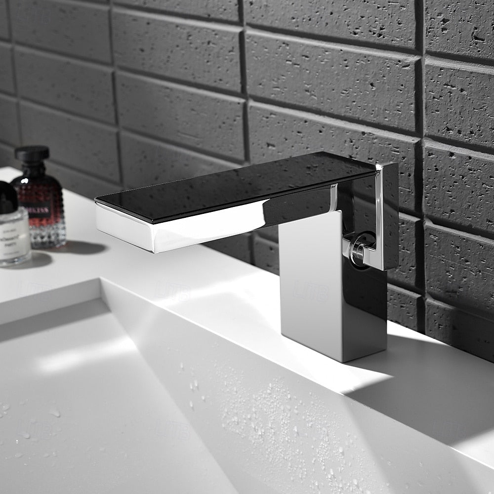 Modern Waterfall Bathroom Faucet, Single-Handle Brass Basin Faucet, Chrome / Brushed Gold / Matte White