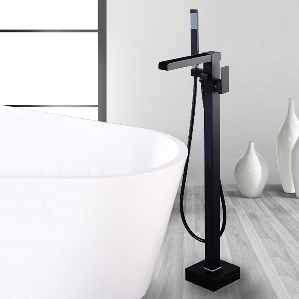 Modern Waterfall Freestanding Tub Filler, Single-Handle Tub Faucet with Handheld Shower