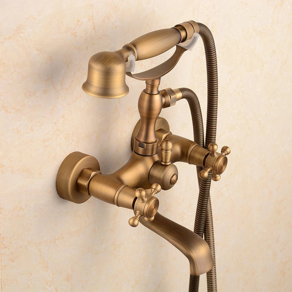 Vintage Wall-Mount Tub Faucet, Double-Handle Brass Bathtub Faucet with Telephone- Handheld Shower, Antique Brass / Matte Black