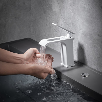 Modern Waterfall Bathroom Faucet, Single-Handle Brass Faucet, Brushed Gold / Chrome / Gunmetal / Matte Black / Matte White
