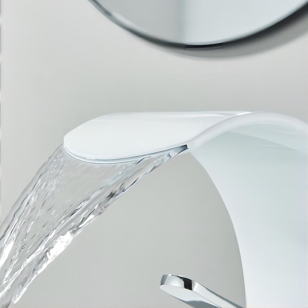 Modern Waterfall Bathroom Faucet, Single-Handle Arc Spout Faucet, Black / Silver / White