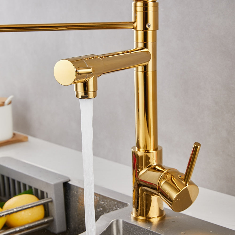 Pull-Down Sprayer Commercial Pre-Rinse Kitchen Faucet, Single-Handle Dual Spout Faucet, Matte Black / Chrome / Polished Gold