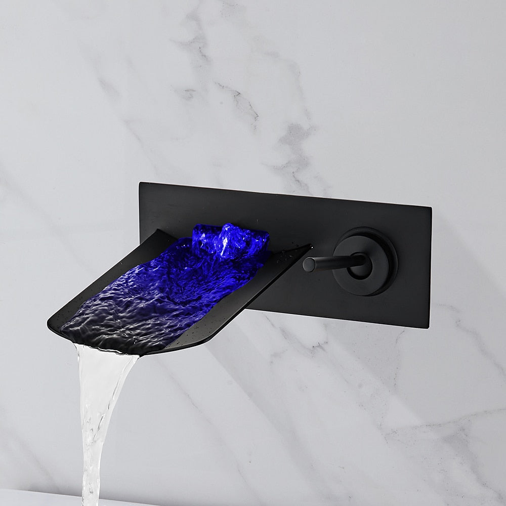 LED Waterfall Bathroom Faucet, Wall-Mount Single-Handle Brass Faucet, Brushed Gold / Matte Black / Oil-Rubbed Bronze