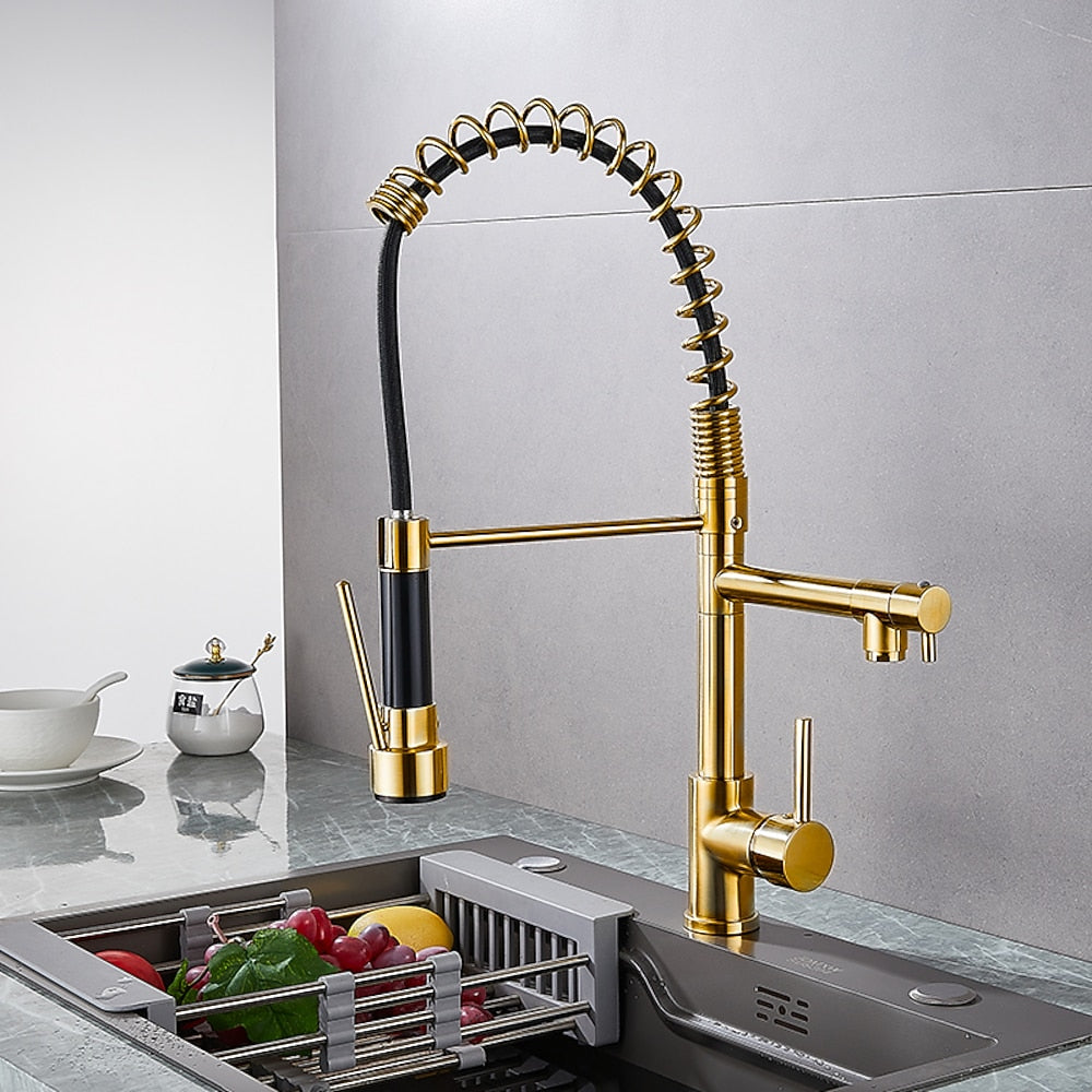 Two-Tone Black Gold Modern Pre-Rinse Kitchen Faucet, Single-Hole Brass Pull-Down Faucet