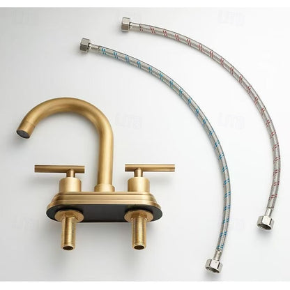 Modern High-Arc Spout Bathroom Faucet, 4-Inch Centerset Dual-Handle Faucet, Brushed Gold / Brushed Bronze