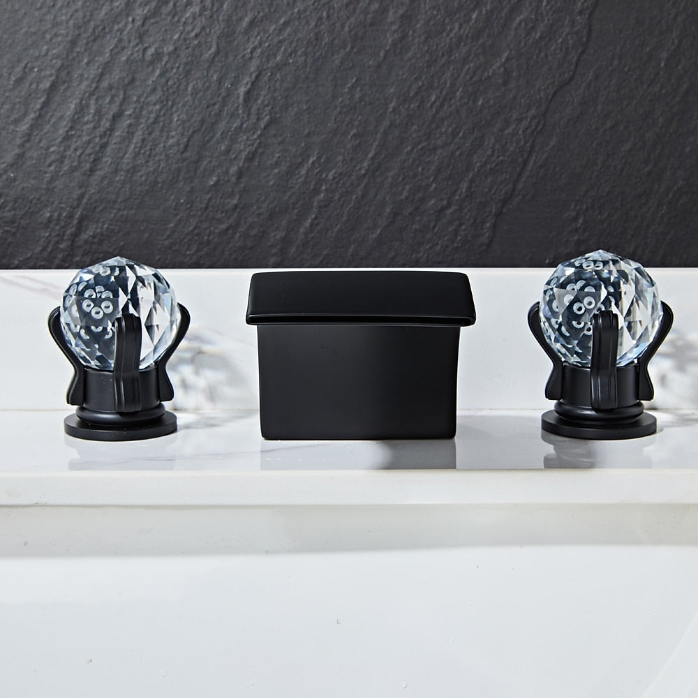 Waterfall Bathroom Faucet, Modern 3-Hole Widespread Faucet, Double Crystal Handle Faucet, Matte Black / Chrome / Brushed Gold / Polished Gold